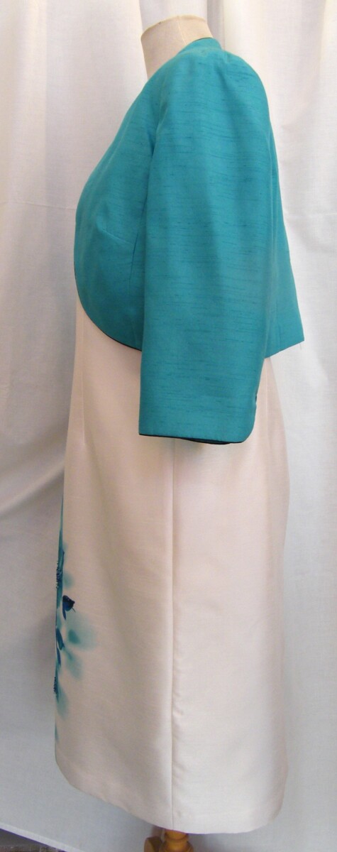 Aegean green shantung bolero piped in navy
