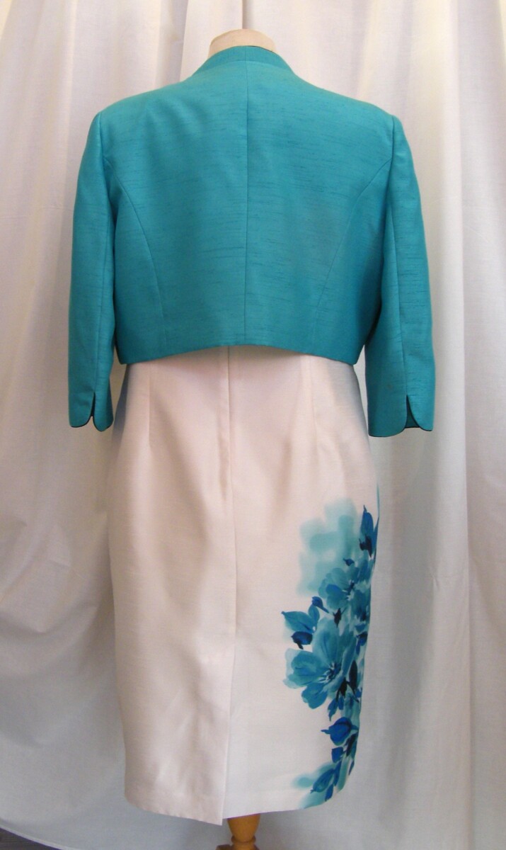 Aegean green shantung bolero piped in navy