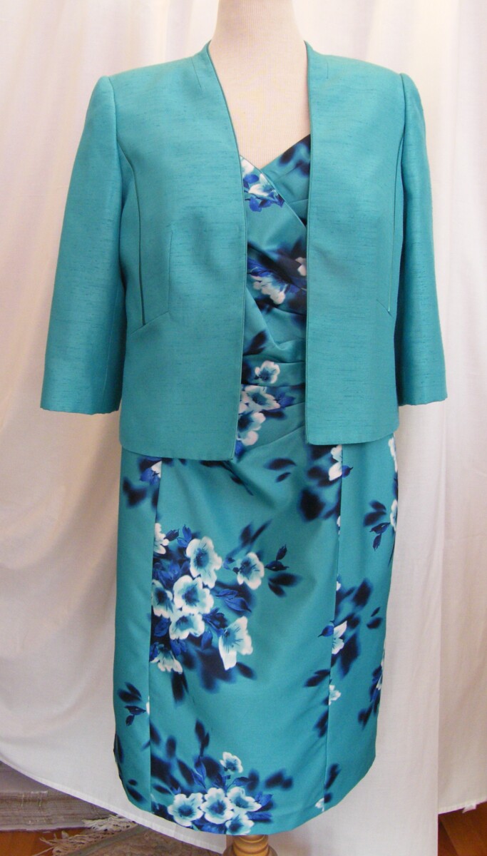 Blue & ivory flower print Aegean green shantung shift dress with matching aegean green shantung jacket