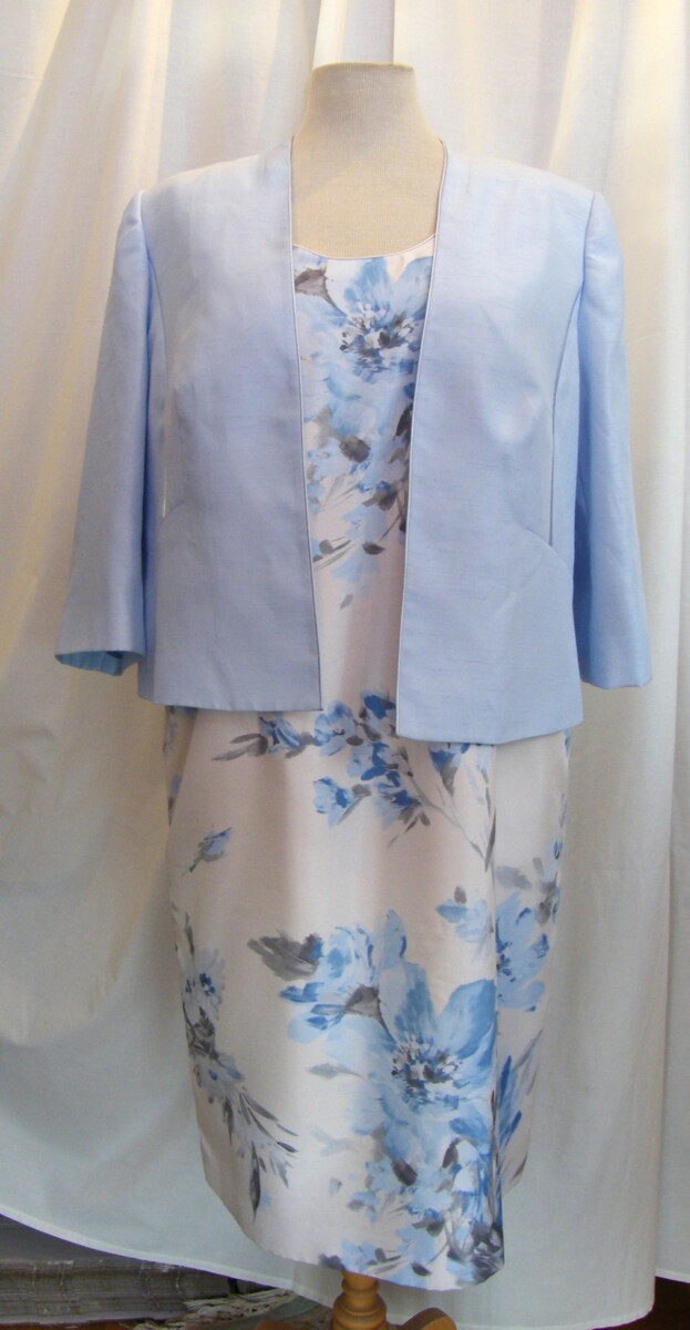 Ivory shantung powder blue & grey flowerhead print shift dress with jacket