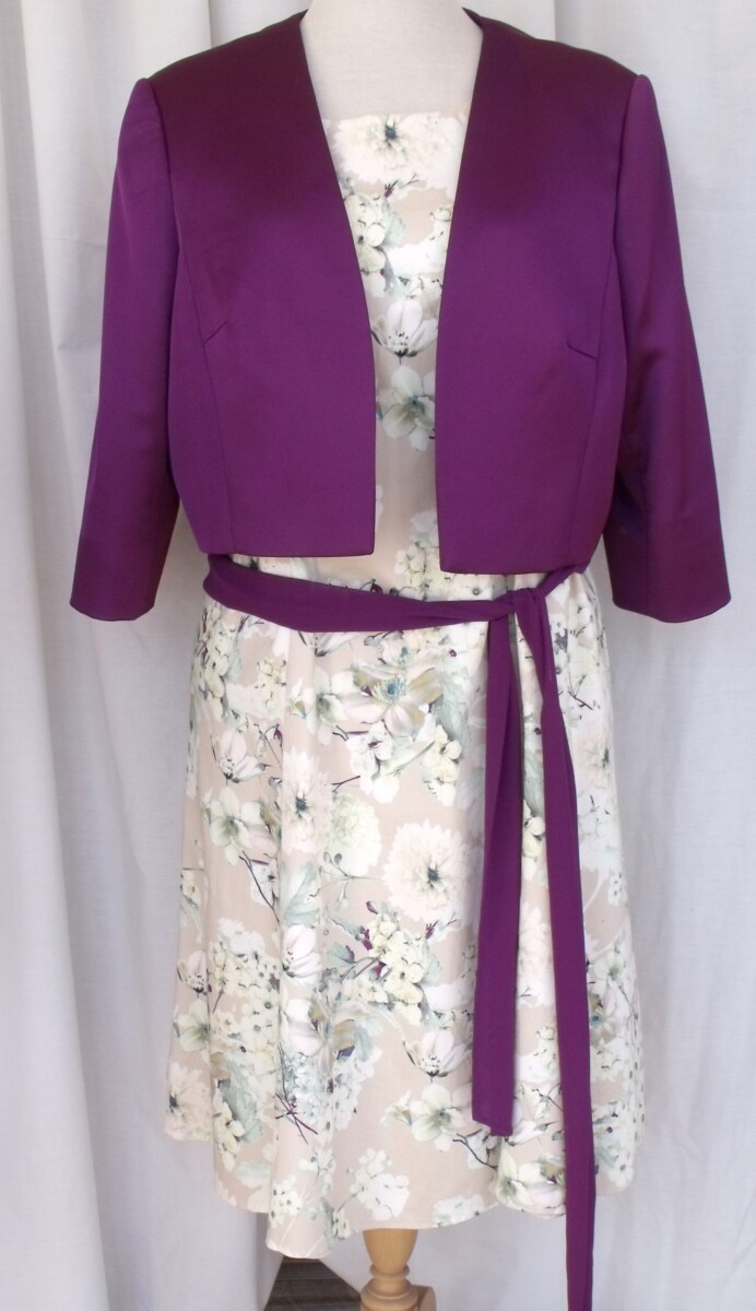 BRIGHT GARDEN RANGE FIT & FLARE DRESS IN BEIGE COTTON LIKE  FABRIC SPRING FLORAL PRINT & PURPLE SATEEN JACKET