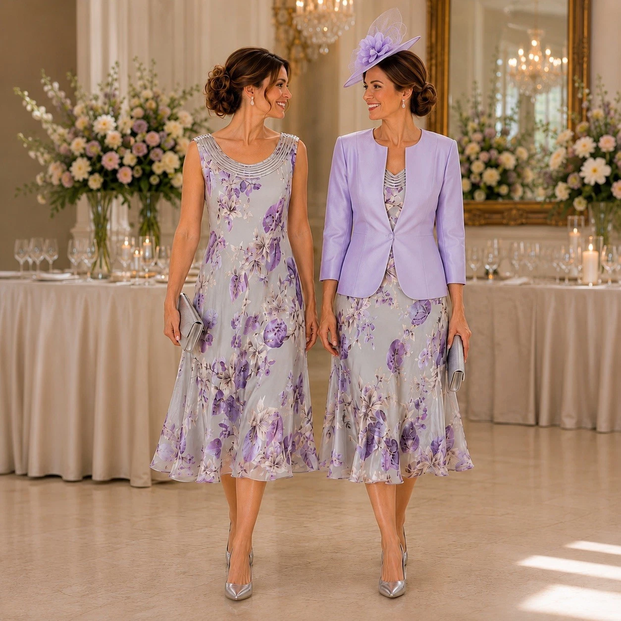 LILAC HAZE RANGE SILK DEVORE DRESS IN VIOLET & GREY & LILAC SHANTUNG JACKET