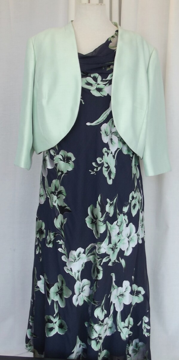 MINT & NAVY RANGE NAVY CHIFFON GREEN SILK DEVORE DRESS  MINT GREEN SHANTUNG BOLERO