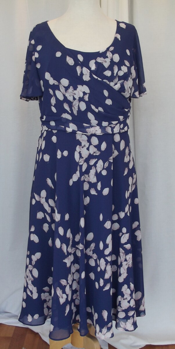 JACQUES VERT DARK BLUE CHIFFON DRESS MOCK WRAP BODICE RANDOM PINK LEAF PRINT PINK BAILEY CREPE JACKET