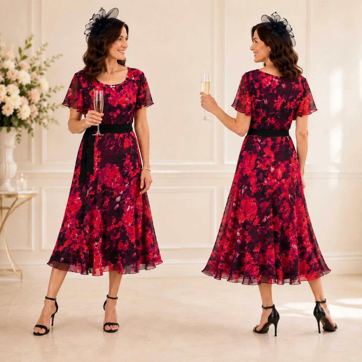 LA VIE EN ROSE RANGE  ROSE HIP CERISE CHIFFON FIT & FLARE DRESS HYDRANGEA PRINT  &  CERISE KNITTED SHRUG LINED WITH CERISE CHIFFON