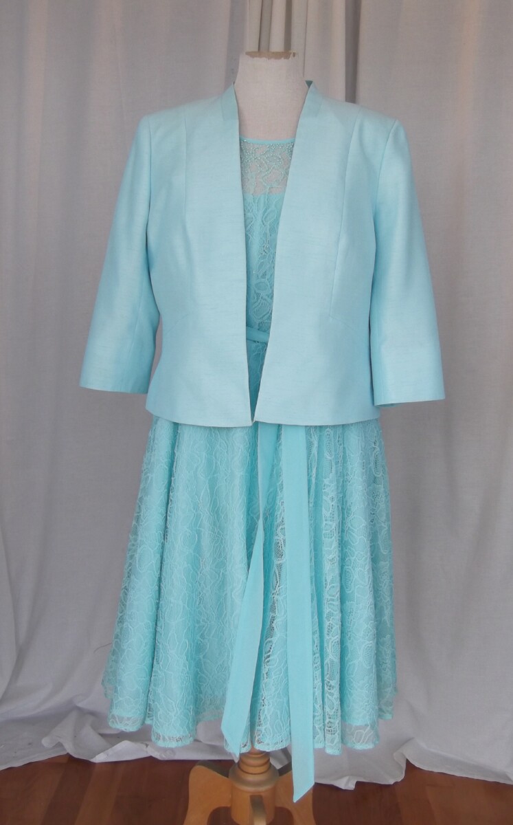 AQUA/ LIGHT TURQUOISE LACE PROM DRESS MATCHING AQUA/ LIGHT TURQUOISE SHANTUNG JACKET