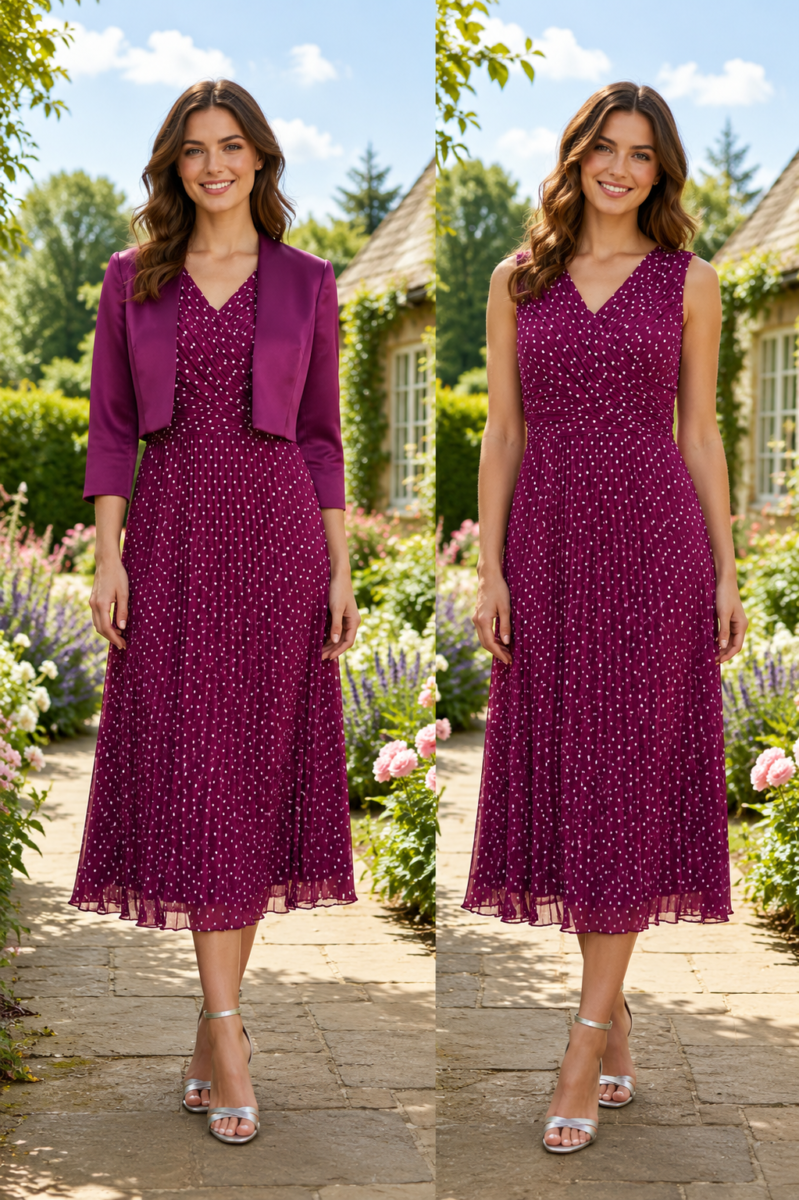 BRIGHT GARDEN RANGE MARILYN FAUX CROSS BODICE IVORY SPOT PRINT DRESS IN PLEATED PURPLE CHIFFON  & PURPLE SATEEN JACKET