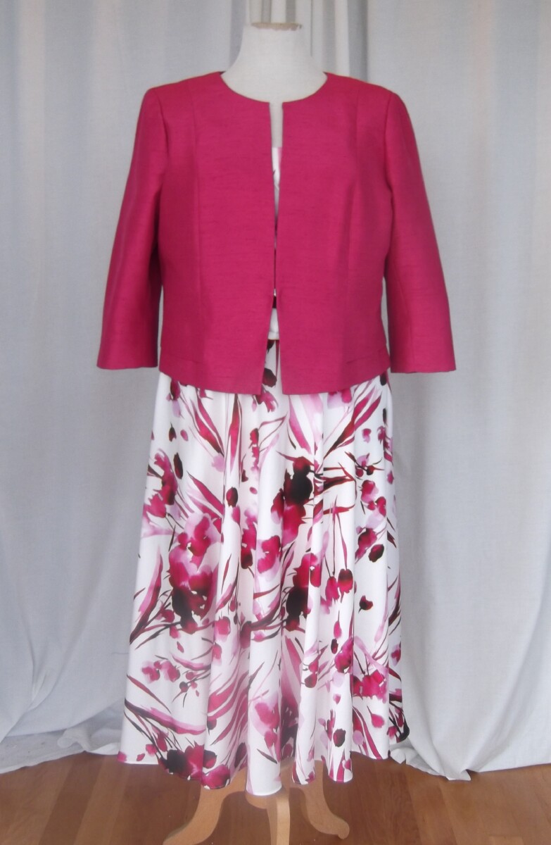 JACQUES VERT COLLECTION BERRY POCKET DETAIL SHANTUNG JACKET IVORY SATEEN DRESS PINK ABSTRACT PRINT