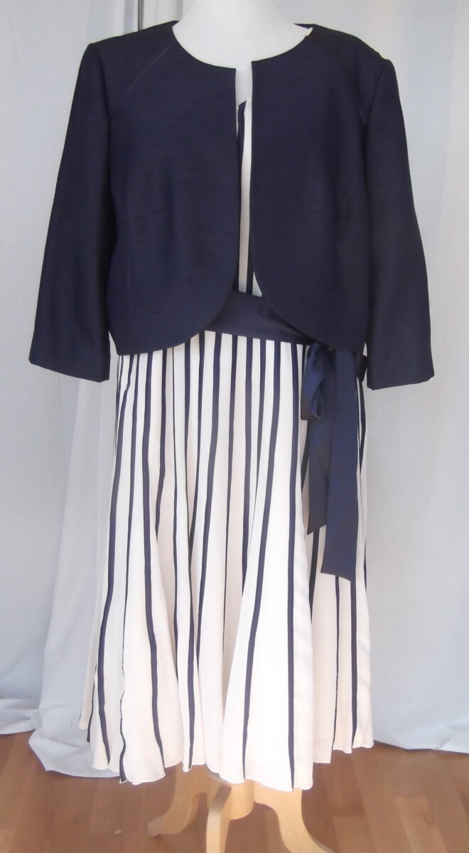 PRELUDE COLLECTION IVORY CHIFFON DRESS VERTICAL BANDS OF PURPLE SILK RIBBONS & DAMSON PURPLE SHANTUNG SHORT JACKET OPTIONAL SATIN SASH