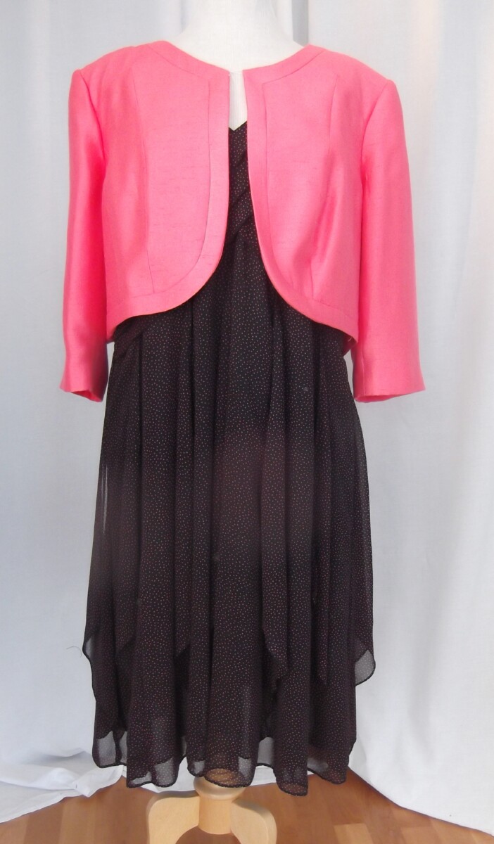 FLAMINGO RANGE BLACK CHIFFON DRESS  CORAL SPOT PRINT & CORAL WOVEN SHORT JACKET