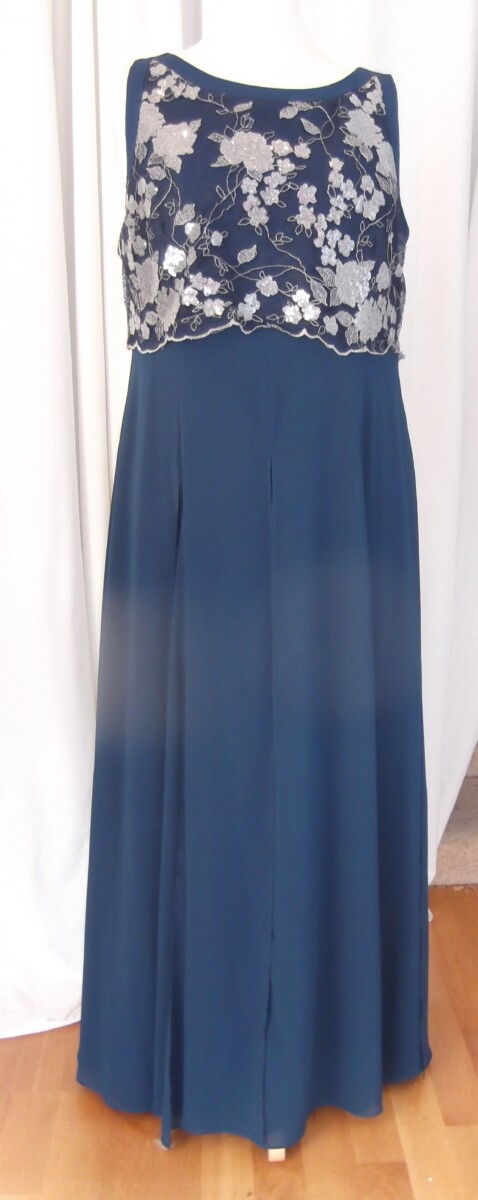 JACQUES VERT COLLECTION EVA MAXI DRESS LOOSE LACE BODICE SEQUINNED IN SILVER IN PRUSSIAN BLUE CHIFFON  8 LOOSE PANELS FOR FULLNESS