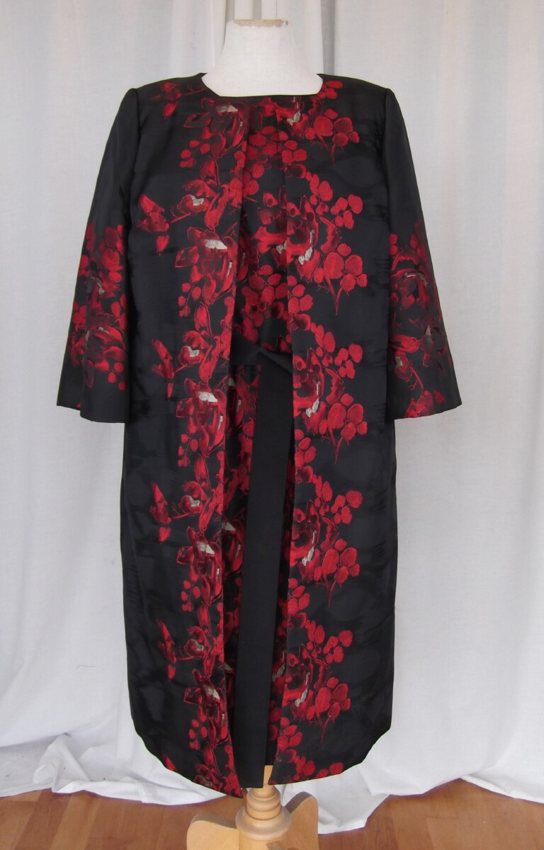 JACQUES VERT COLLECTION MOIRE BLACK SHANTUNG DRESS  & COAT WITH VIBRANT RED PLACEMENT PRINT