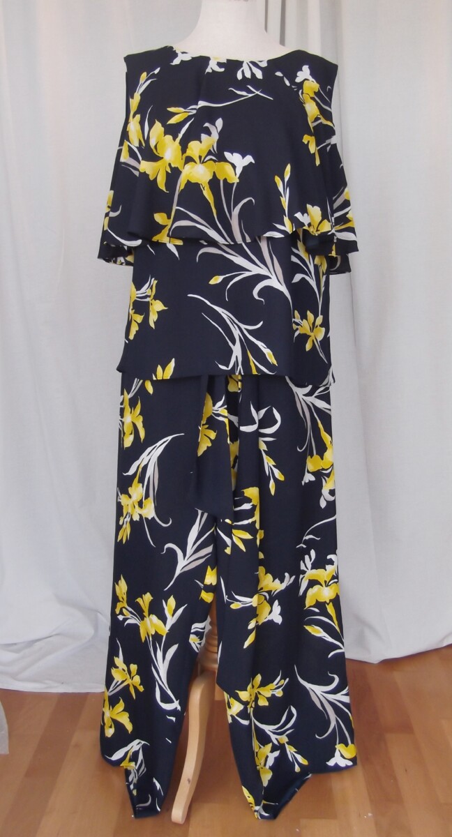 JACQUES VERT COLLECTION "PORTO" RANGE NAVY FABRIC YELLOW IRIS  PRINT,  PANTS, SKIRT  & COLD SHOULDER WATERFALL TOP