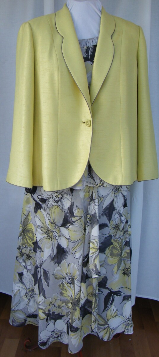 IRIDIUM RANGE GREY CHIFFON CORDIAL YELLOW FLORAL PRINT SKIRT & TOP.  MATCHING CORDIAL YELLOW FABRIC JACKET EDGED IN GREY