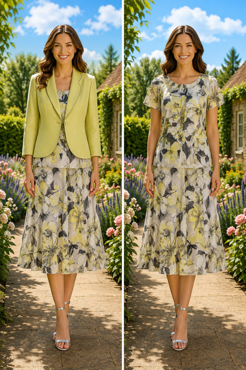 IRIDIUM RANGE GREY CHIFFON CORDIAL YELLOW FLORAL PRINT SKIRT & TOP.  MATCHING CORDIAL YELLOW FABRIC JACKET EDGED IN GREY