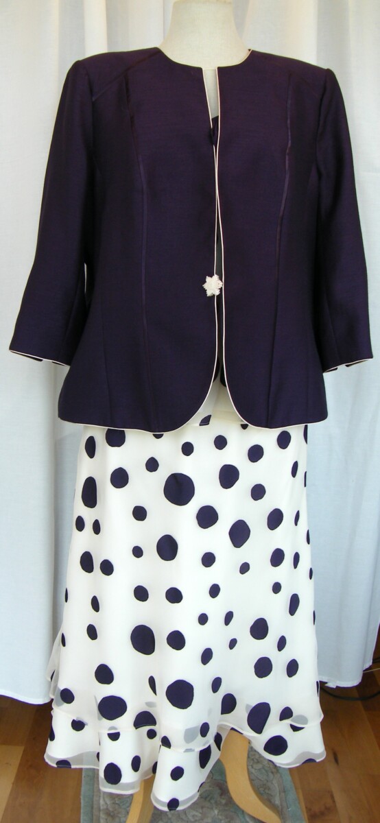 PLUM & CREAM RANGE  IVORY ORGANZA CHIFF0N PLUM SPOT PRINT IN VARIOUS SIZES & PLUM  JACKET EDGED IN IVORY