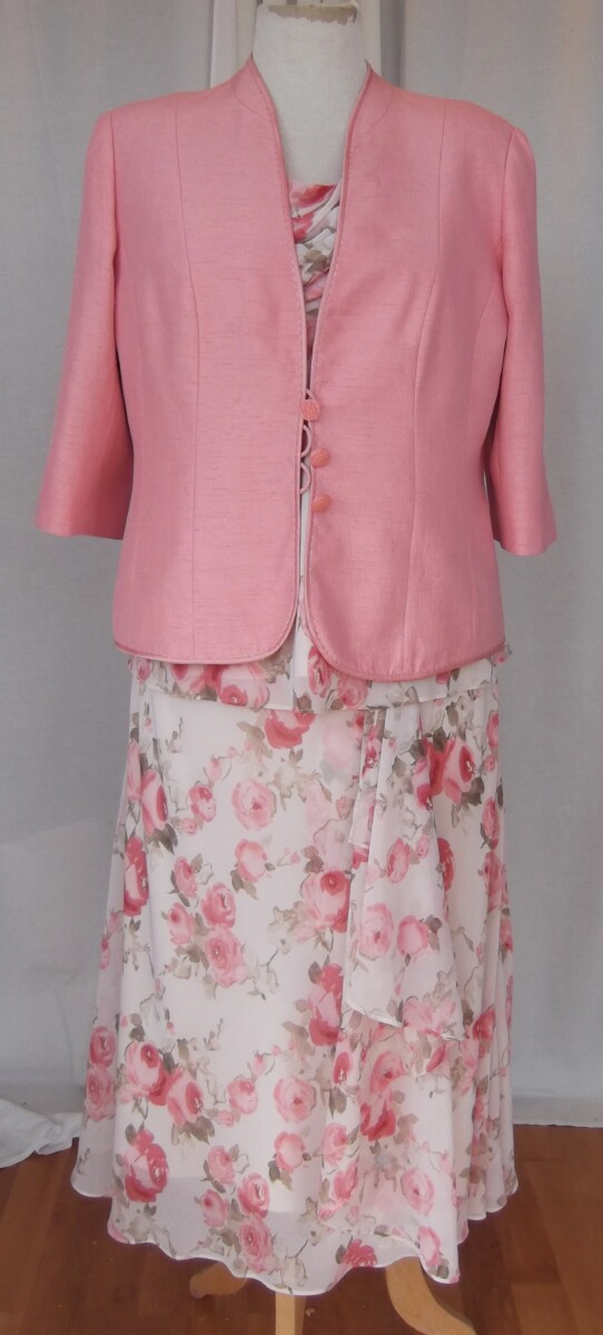EUCALYPTUS & CAMELIA RANGE IVORY CHIFFON, PINK ROSE PRINT SKIRT & TOP AZALEA ROSE PINK JACKET