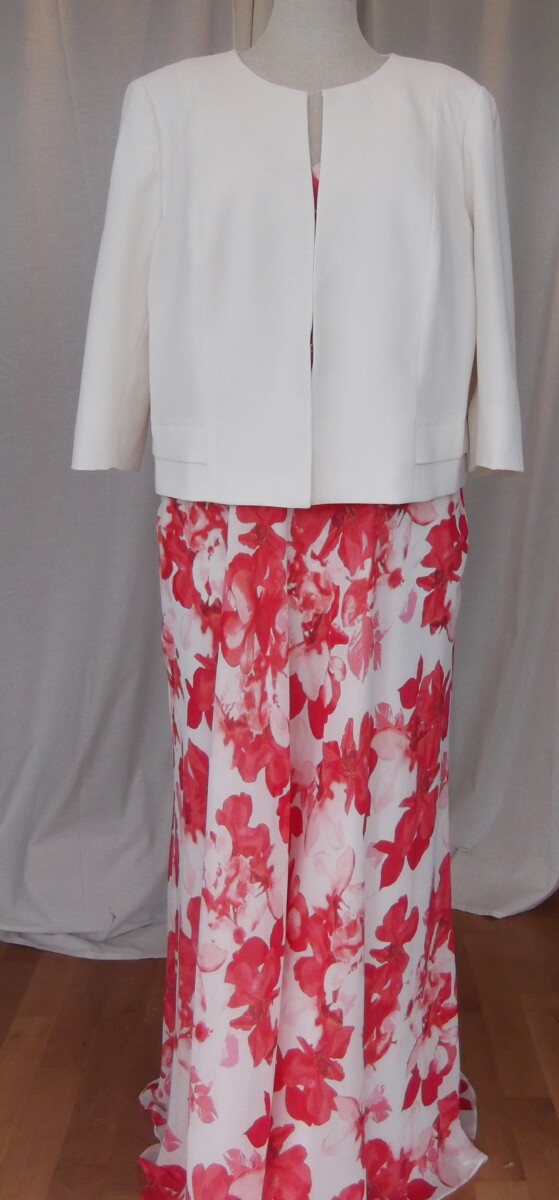 JACQUES VERT COLLECTION IVORY CREPE CHIFFON MAXI DRESS HOT PINK FLORAL PRINT  & MATCHING IVORY SHANTUNG POCKET DETAIL JACKET