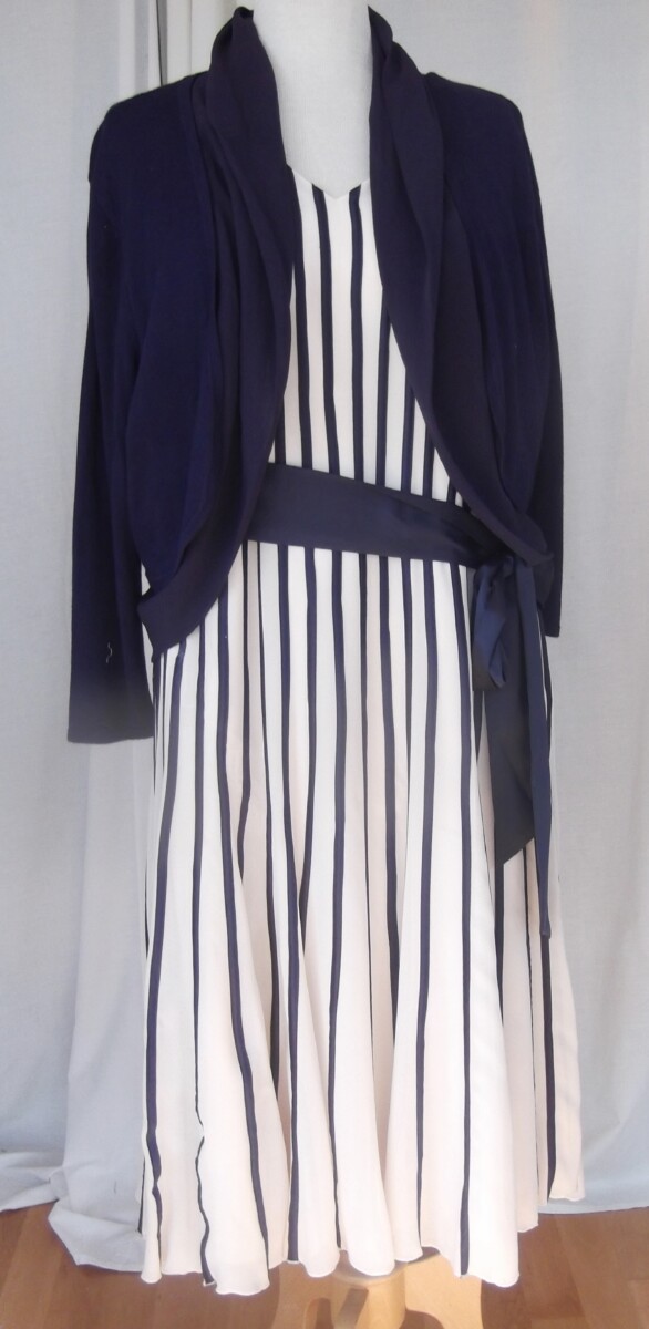 PRELUDE COLLECTION IVORY CHIFFON DRESS VERTICAL BANDS OF PURPLE SILK RIBBONS OPTIONAL SATIN SASH & NEW DAMSON PURPLE KNITTED & CHIFFON SHRUG