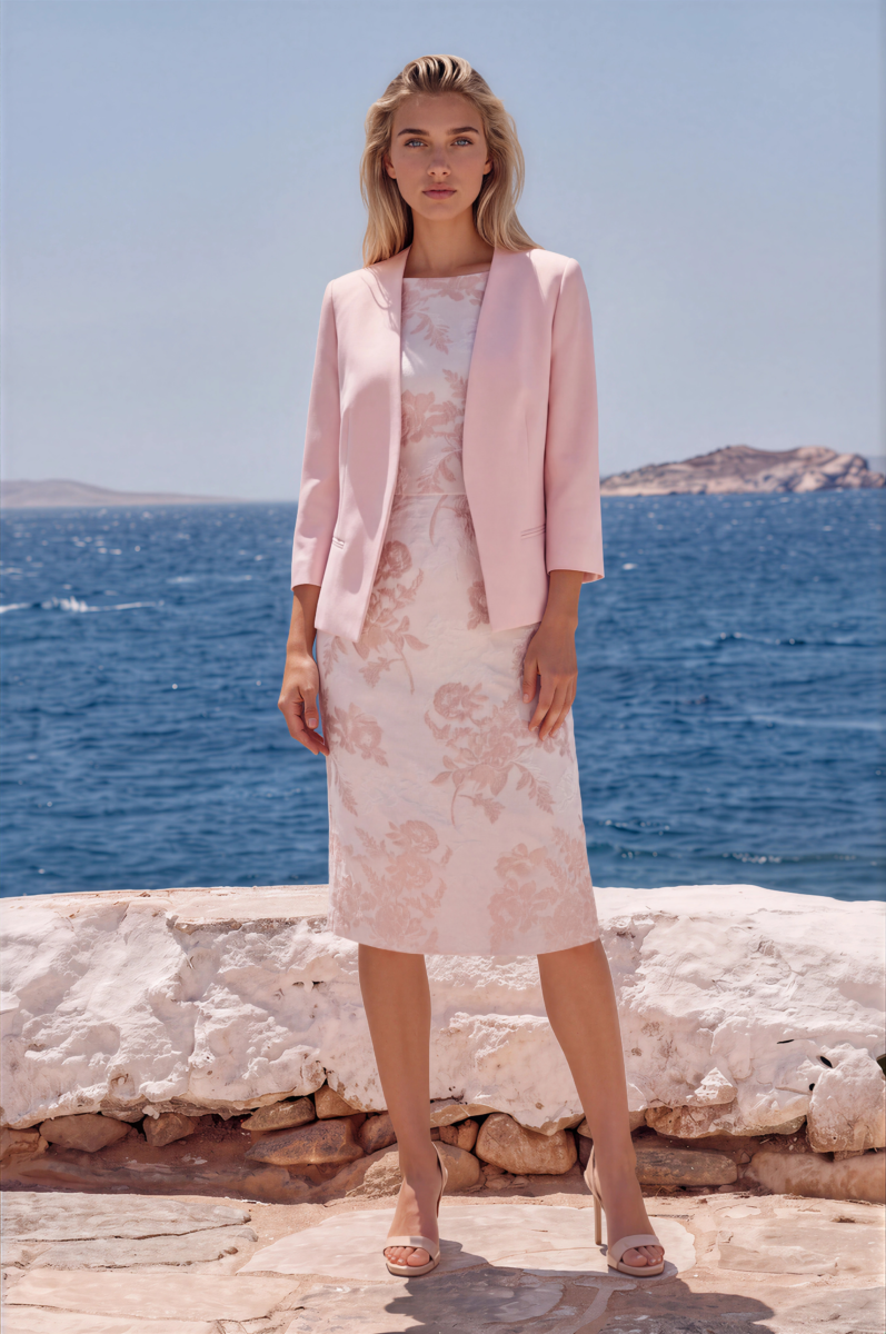 JACQUES VERT "COLLECTION"  PINK & IVORY JACQUARD SHIFT DRESS  &  PINK CREPE ANGLE EDGE  JACKET