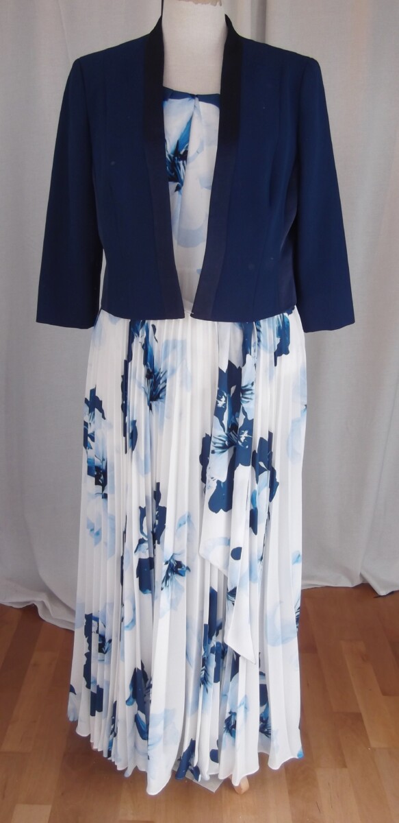 JACQUES VERT COLLECTION ; IVORY CREPE CHIFFON MAXI DRESS  LARGE FLOWERHEAD PRINT IN SHADES OF BLUE PLEATED SKIRT MATCHING BLUE CREPE JACKET WITH SATIN PANELS & DETAIL