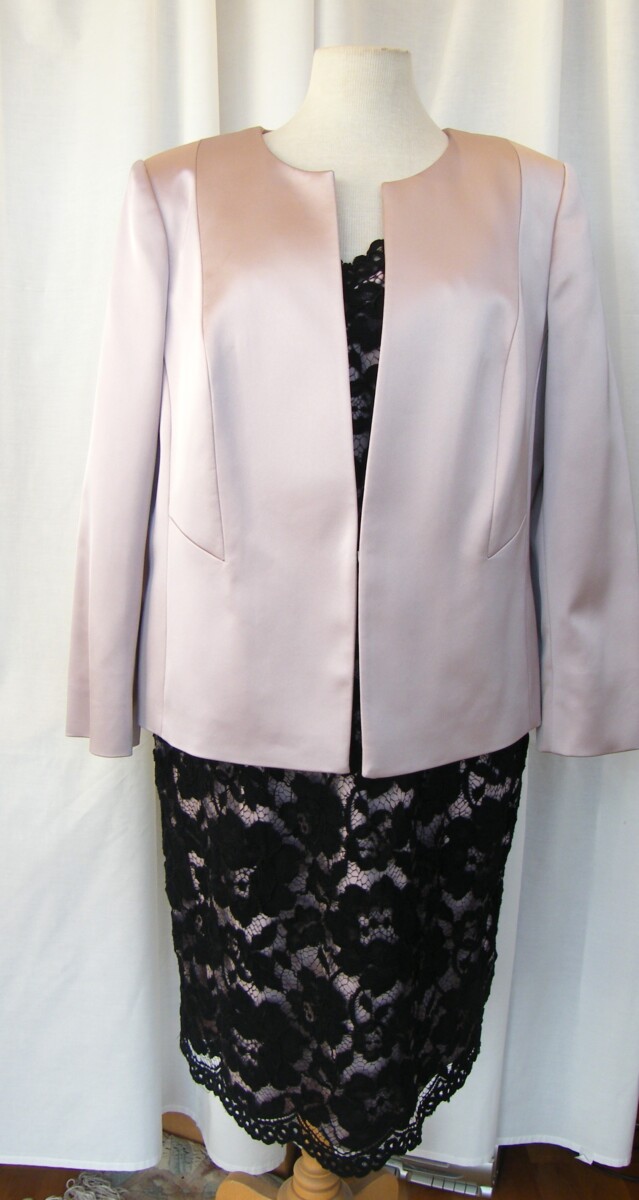 TAUPE & BLACK RANGE BLACK LACE SHIFT DRESS OVER TAUPE SATIN  & TAUPE SATIN LONG SLEEVED JACKET