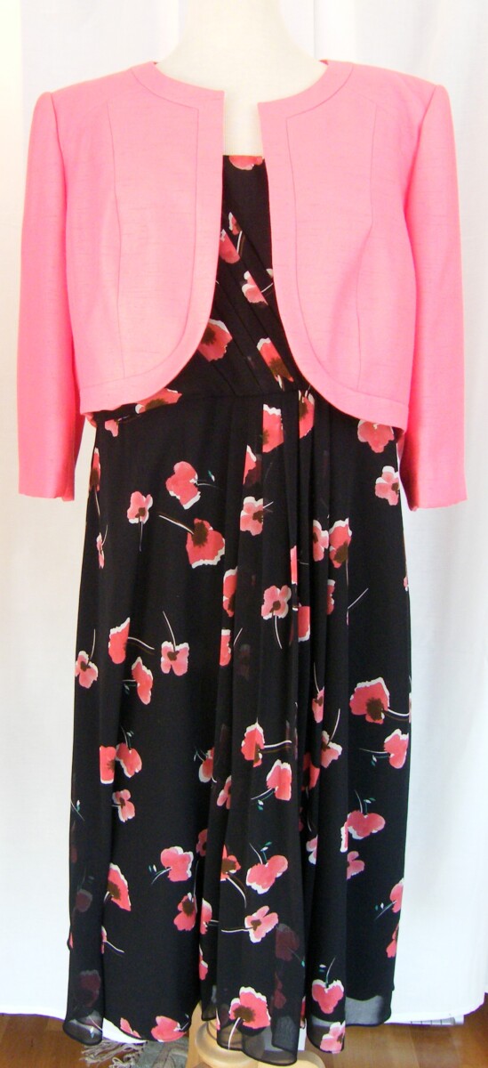 FLAMINGO RANGE BLACK CREPE CHIFFON DRESS  CORAL POPPY PRINT & CORAL WOVEN SHORT JACKET