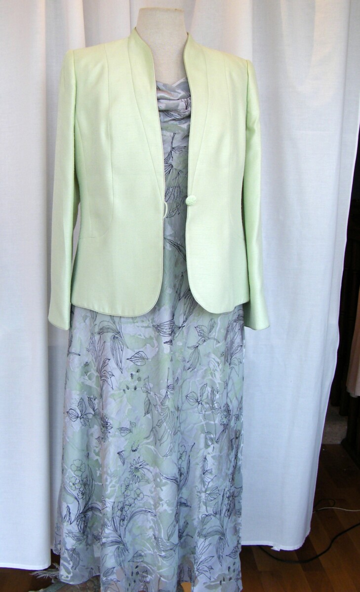 APPLE & ZINC RANGE GREY & GREEN CRYSTAL DEVORE DRESS OVER GREEN SATIN  & MATCHING  APPLE GREEN SHANTUNG  JACKET