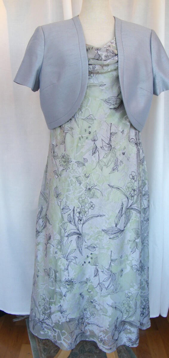 APPLE & ZINC RANGE GREY & GREEN CRYSTAL DEVORE DRESS OVER GREEN SATIN  & MATCHING  ZINC GREY SHANTUNG BOLERO