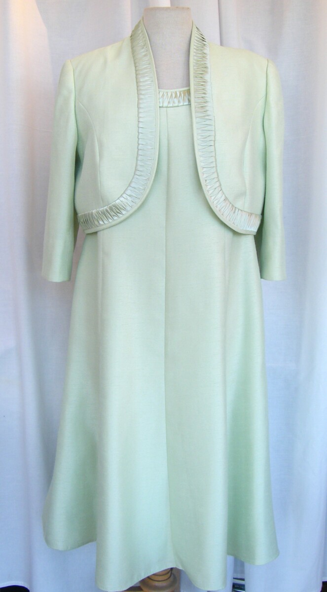 APPLE & ZINC RANGE APPLE GREEN SHANTUNG FIT & FLARE DRESS & MATCHING APPLE GREEN SHANTUNG SHORT JACKET BOTH WITH PLEATED  SILK DETAIL