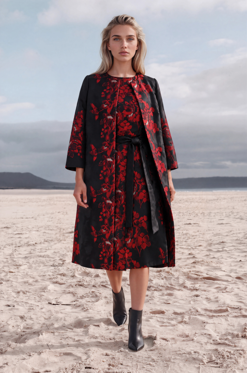 JACQUES VERT COLLECTION MOIRE BLACK SHANTUNG DRESS  & COAT WITH VIBRANT RED PLACEMENT PRINT