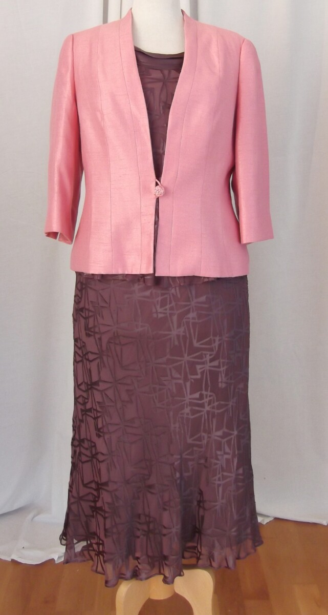 ROSE SUNDAE  RANGE  BULLRUSH BROWN 19 % SILK DEVORE SKIRT& TOP STAINED GLASS PRINT  & MATCHING DIANTHUS FABRIC  JACKET