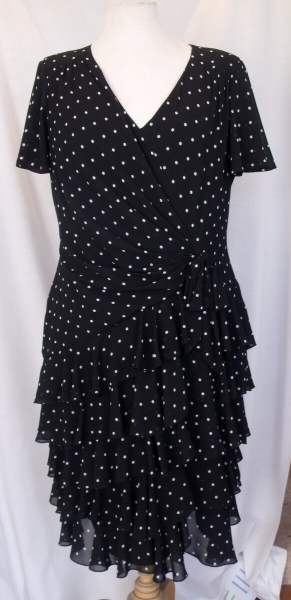 BRAND NEW WITH TAGS LORCAN MULLANY  BLACK CREPE CHIFFON IVORY SPOT PRINT COCKTAIL / PARTY DRESS WATERFALL FRILL SKIRT