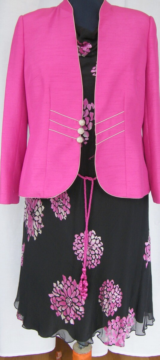 HOT PINK & BLACK RANGE BLACK 64% SILK DRESS PINK DAHLIA DEVORE PRINT & HOT PINK & GOLD SHANTUNG JACKET