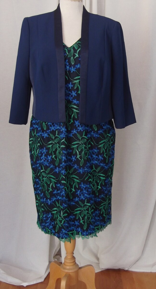 JACQUES VERT COLLECTION ; SHIFT DRESS OF EMERALD GREEN & BLUE EMBROIDERED NET  MATCHING BLUE CREPE JACKET WITH SATIN PANELS & DETAIL