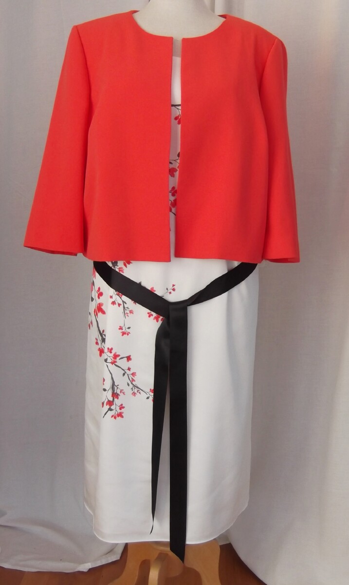 JACQUES VERT COLLECTION OSAKA RANGE IVORY SATIN DRESS CORAL PINK BLOSSOM PRINT MATCHING OSAKA CORAL PINK CREPE JACKET