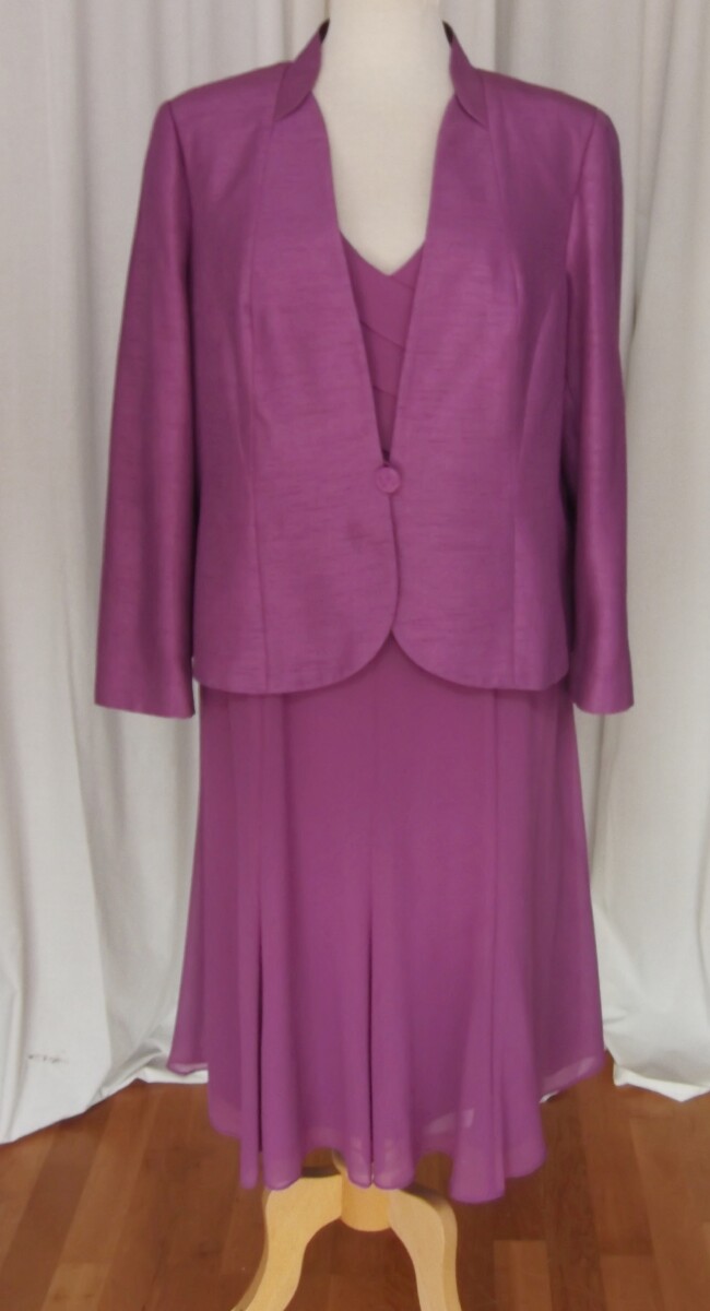 BRAND NEW WITH TAGS IRIS & SILVER RANGE  FIT & FLARE DRESS IN  IRIS /CERISE  CREPE CHIFFON PLEATED BODICE & PRELOVED IRIS SHANTUNG  JACKET