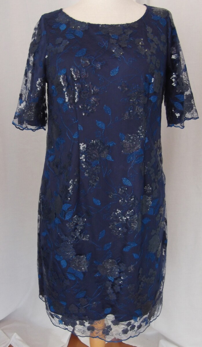 BRAND NEW WITH TAGS JACQUES VERT COLLECTION NAVY BLUE FINE SHEER LACE SHIFT DRESS BEADED & SEQUINNED OVERALL PATTERN