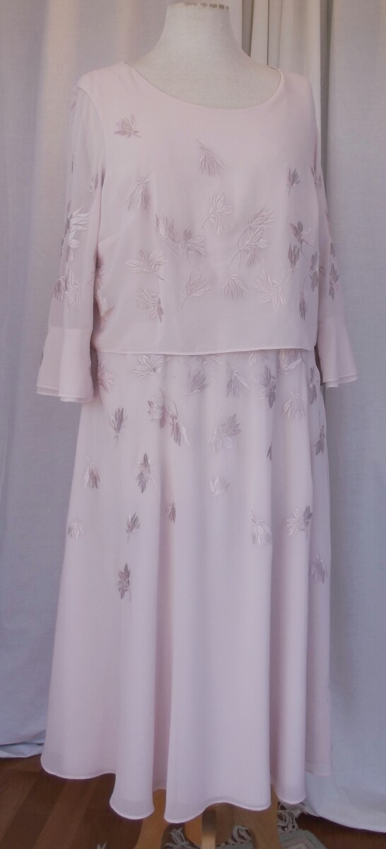 JACQUES VERT COLLECTION  BLUSH PINK CREPE CHIFFON FIT & FLARE DRESS WITH LOOSE BODICE & BELL SLEEVES, ALL OVER FLOWER HEAD EMBROIDERY