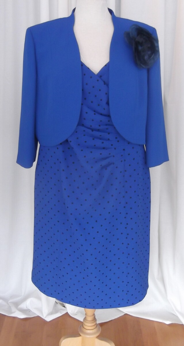 BRAND NEW WITH TAGS TAILORED COBALT  BLUE CREPE SHORT JACKET & CORSAGE WITH PRELOVED COBALT BLUE CREPE  SHIFT DRESS NAVY SPOT PRINT