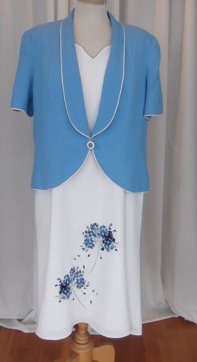 VINTAGE SKY BLUE  RANGE WHITE  LINEN LOOK DRESS SKY BLUE AGAPANTHUS EMBROIDERY  MATCHING SKY BLUE SHORT SLEEVE LINEN LOOK JACKET PIPED WITH IVORY