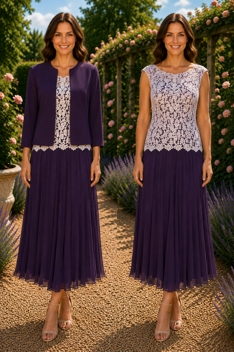 JACQUES VERT COLLECTION PURPLE CHIFFON DRESS WITH IVORY LACE BODICE & PURPLE CREPE BAILEY JACKET