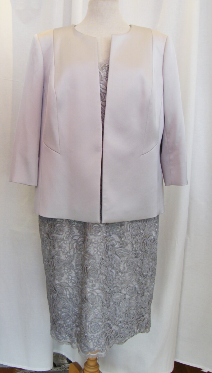 SILVER OPULENT LACE SHIFT DRESS WITH TRUE CROSS OVER BODICE & SILVER SATIN WAISTBAND & SILVER SATIN JACKET