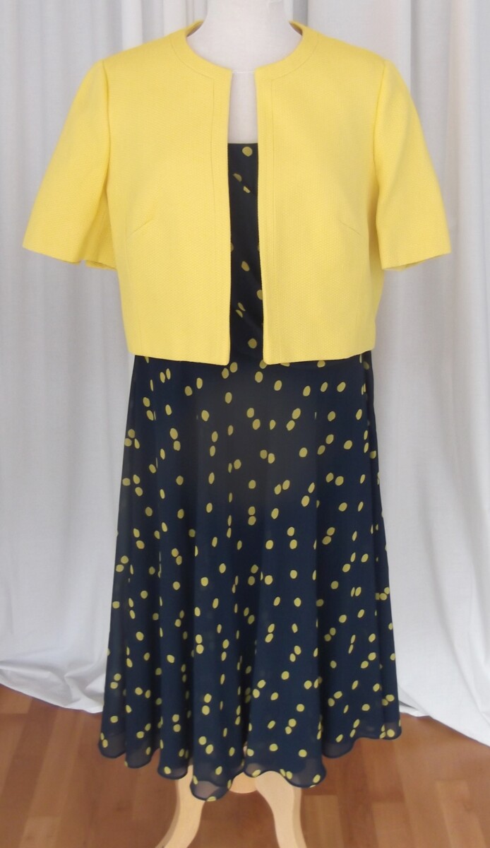 JACQUES VERT COLLECTION VIVIENNE NAVY CREPE CHIFFON DRESS CHARTREUSE SPOT PRINT MUSTARD YELLOW SHORT SLEEVED JACKET