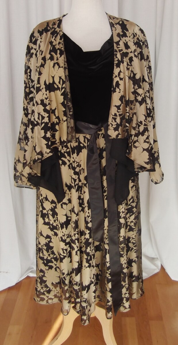 JACQUES VERT COLLECTION GOLD  DEVORE SKIRT & LOOSE SOFT JACKET BLACK VELVET BODICE &  WATERFALL FRONT DEVORE JACKET OPTIONAL SATIN SASH