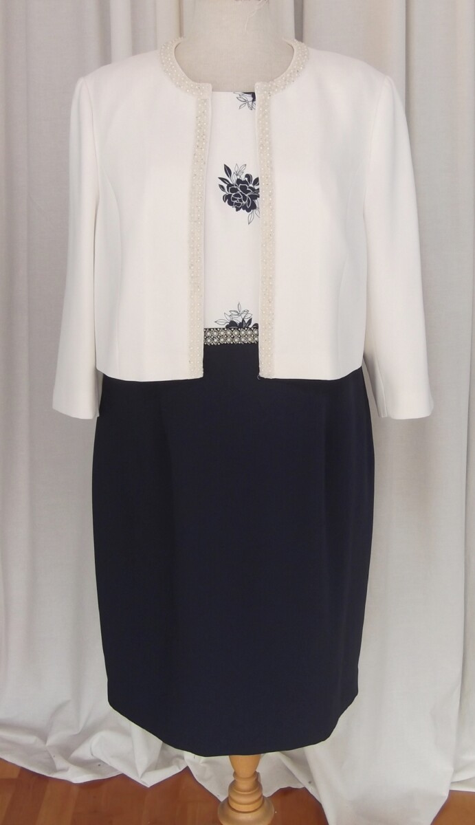IVORY  SHIFT DRESS RANDOM NAVY ROSEHEAD PRINT NAVY PENCIL SKIRT PEARL BEADED DETAIL AROUND THE WAIST  & MATCHING  IVORY JACKET PEARL DETAIL AROUND EDGES