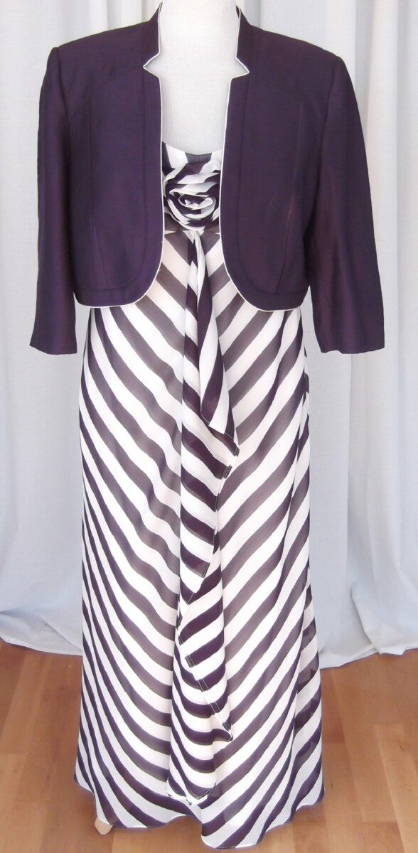 PLUM & CREAM RANGE  IVORY ORGANZA CHIFF0N MAXI DRESS PLUM DIAGONAL STRIPE PRINT  & PLUM SHORT JACKET EDGED IN IVORY