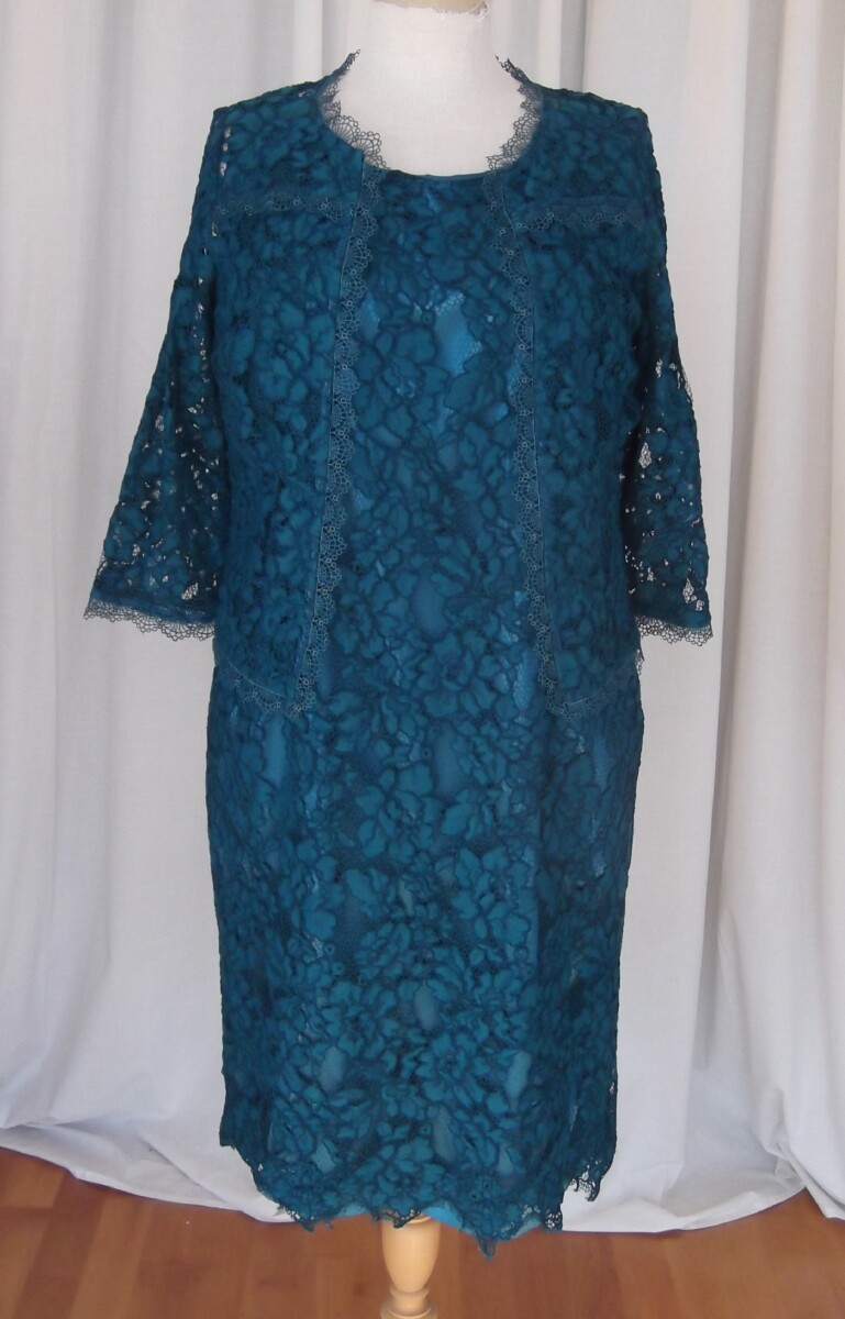 JACQUES VERT COLLECTION FOREST GREEN  LACE DRESS OVER SATIN 3 D EFFECT & SHEER FOREST GREEN LACE JACKET