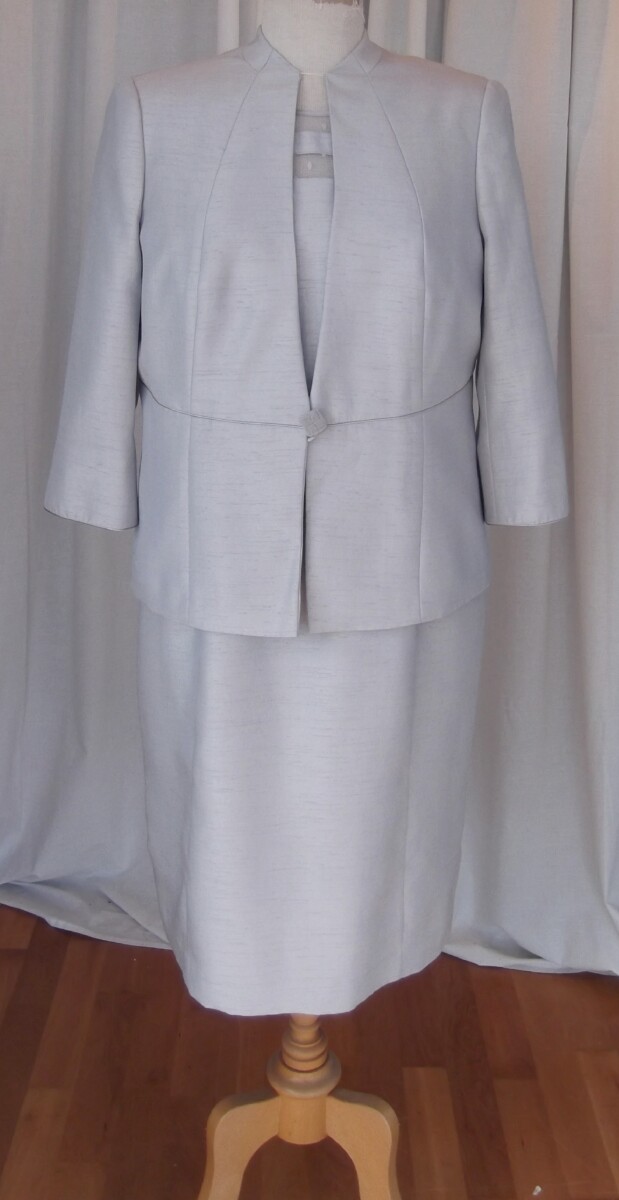 IRIS & SILVER RANGE  SILVER GREY SHANTUNG SHIFT DRESS & SILVER GREY SHANTUNG  JACKET WITH PETAL CUFFS