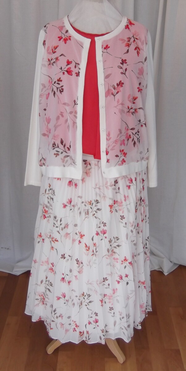 JACQUES VERT COLLECTION OSAKA RANGE SLEEVELESS CORAL SATEEN TOP, PLEATED IVORY SKIRT &  MATCHING CARDIGAN  PRINT BASED UPON THE PLUM , PEACH & CHERRY BLOSSOMS OF OSAKA JAPAN